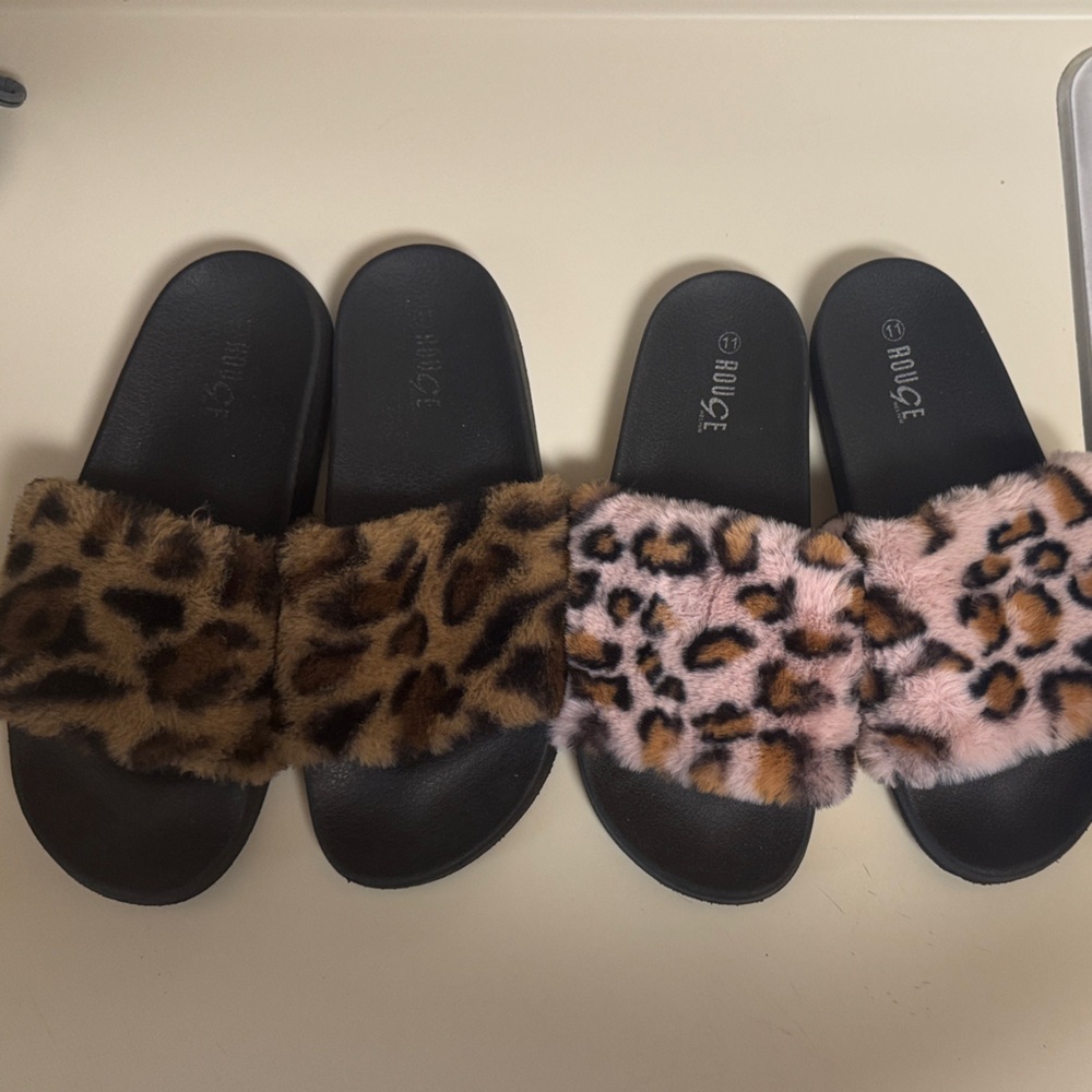 BUNDLE Faux Fur Leopard Slide Sandals - Brown & Pink